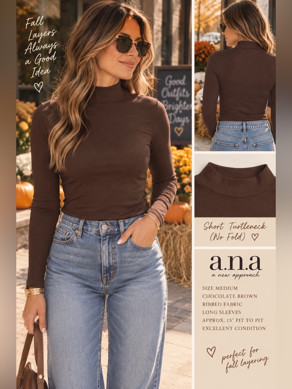 a.n.a. A New Approach Chocolate Brown Ribbed Turtleneck Top size medium